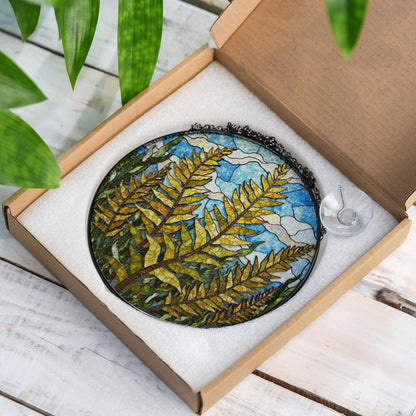 Forest Fern Leaves Stained Glass Suncatcher Round Window Hanging Nature Inspired Gift for Plant Lover