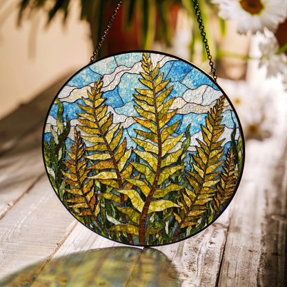 Forest Fern Leaves Stained Glass Suncatcher Round Window Hanging Nature Inspired Gift for Plant Lover