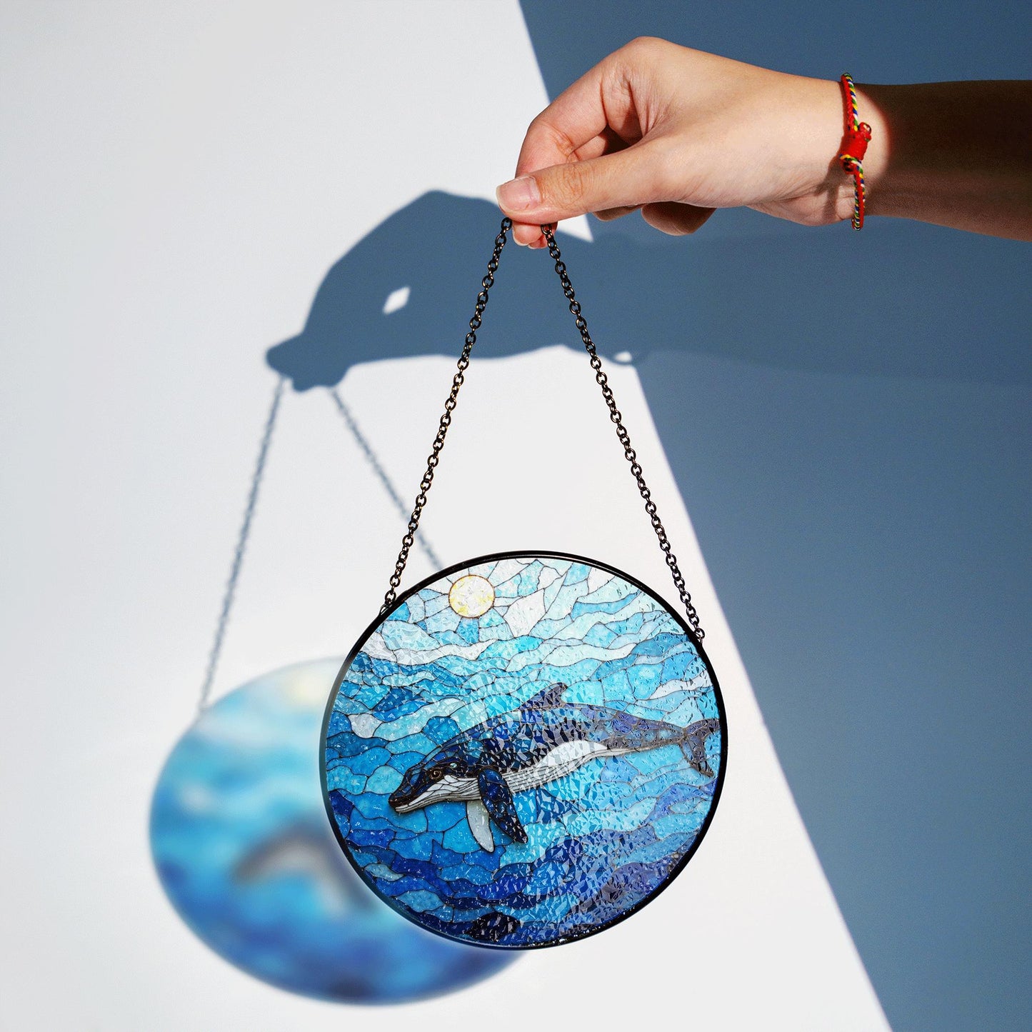 Whale Swimming in Ocean Blue Round Stained Glass Suncatcher Gift for Ocean Lovers