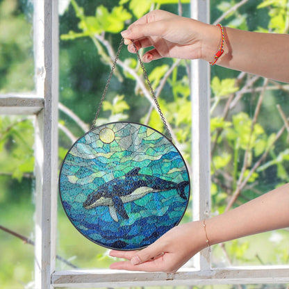 Whale Swimming in Ocean Blue Round Stained Glass Suncatcher Gift for Ocean Lovers