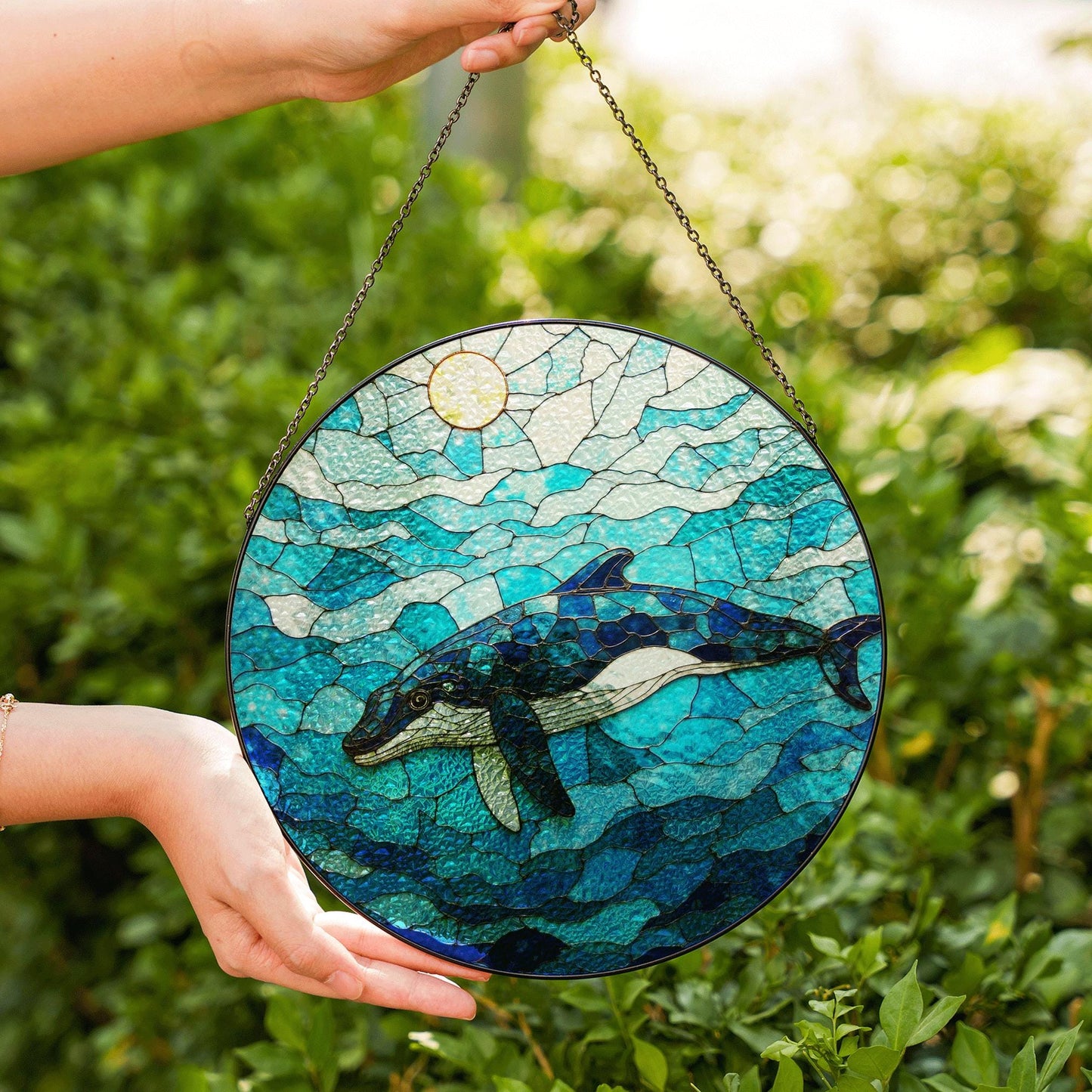 Whale Swimming in Ocean Blue Round Stained Glass Suncatcher Gift for Ocean Lovers