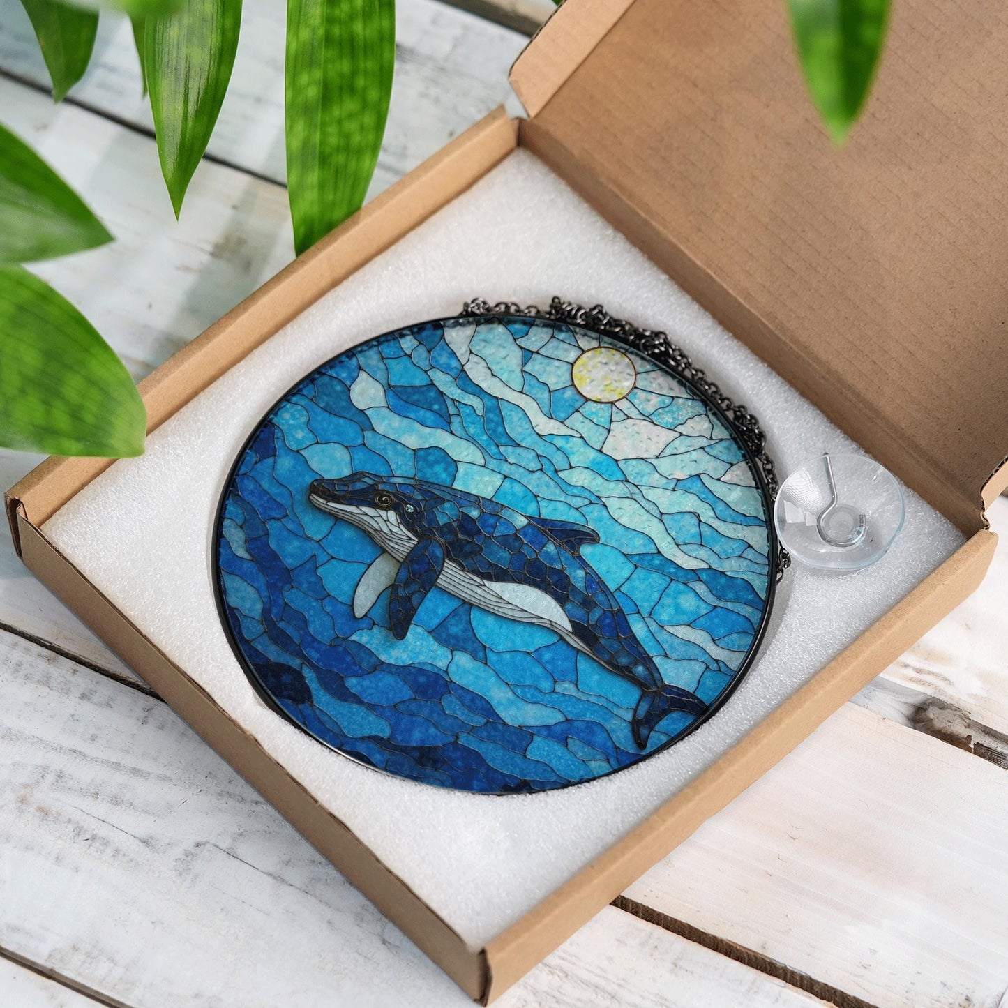 Whale Swimming in Ocean Blue Round Stained Glass Suncatcher Gift for Ocean Lovers