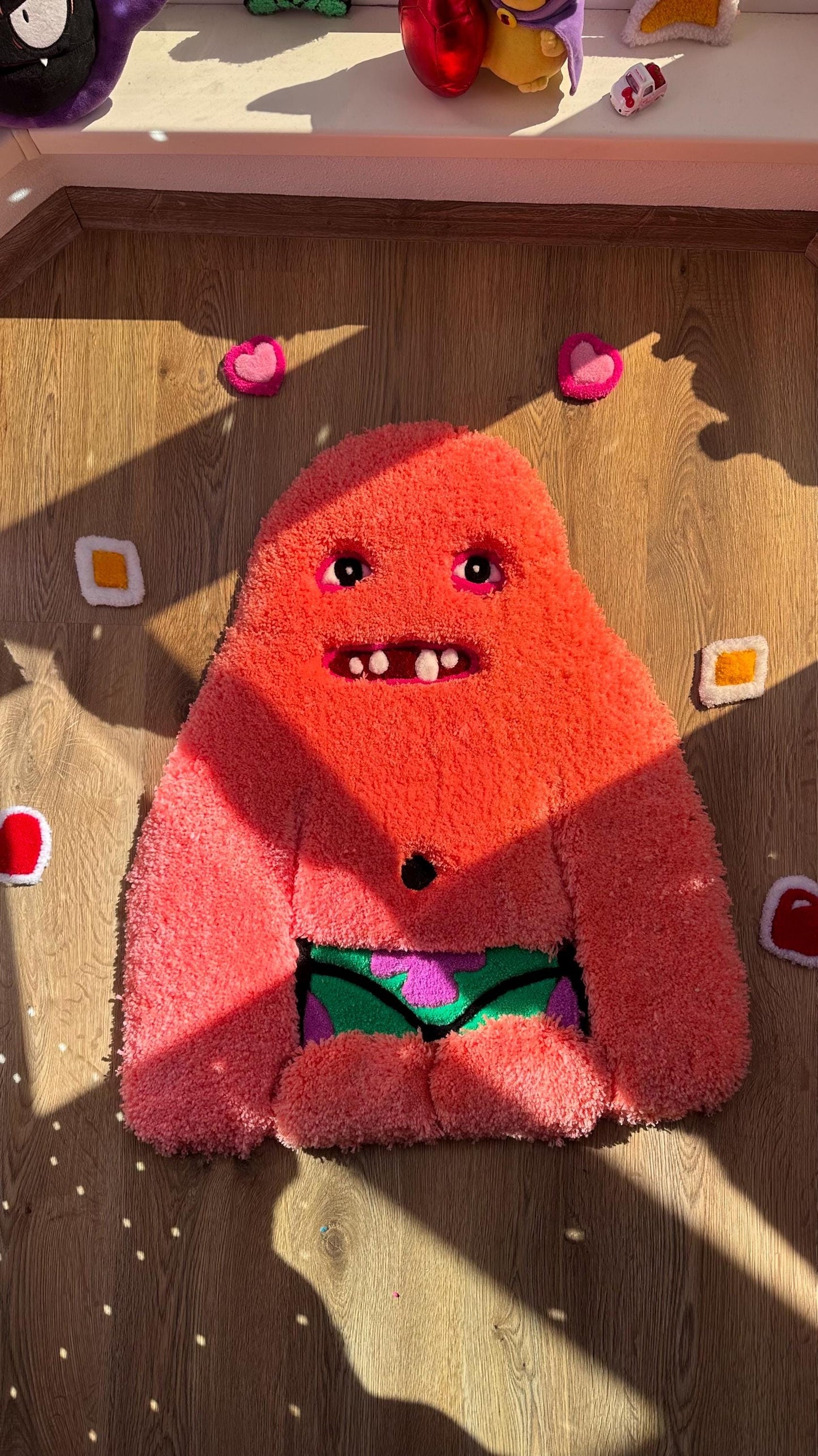 Handmade tufted 3D rug – Orange Puffy Monster design, perfect for home decor