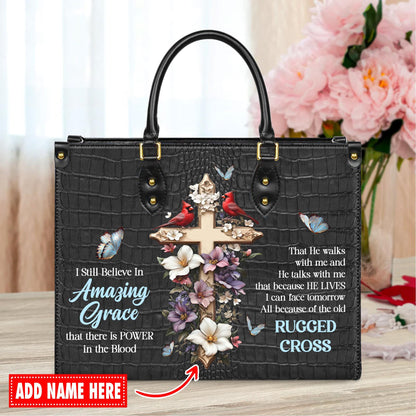 Personalized Leather Handbag Custom Name, Christian Gift, Gifts for Women, Amazing Grace Floral Bag, Cross & Butterfly Design