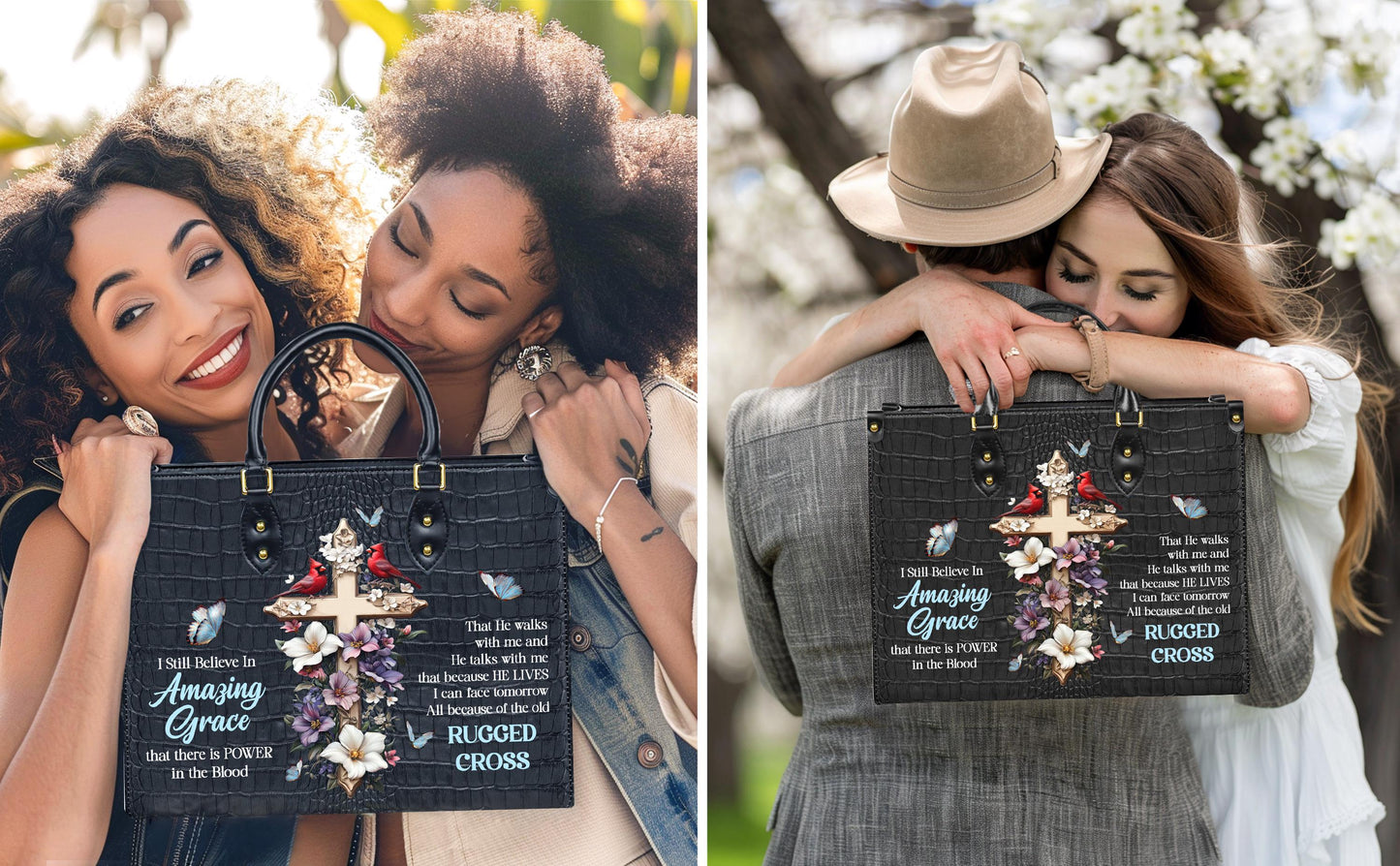 Personalized Leather Handbag Custom Name, Christian Gift, Gifts for Women, Amazing Grace Floral Bag, Cross & Butterfly Design