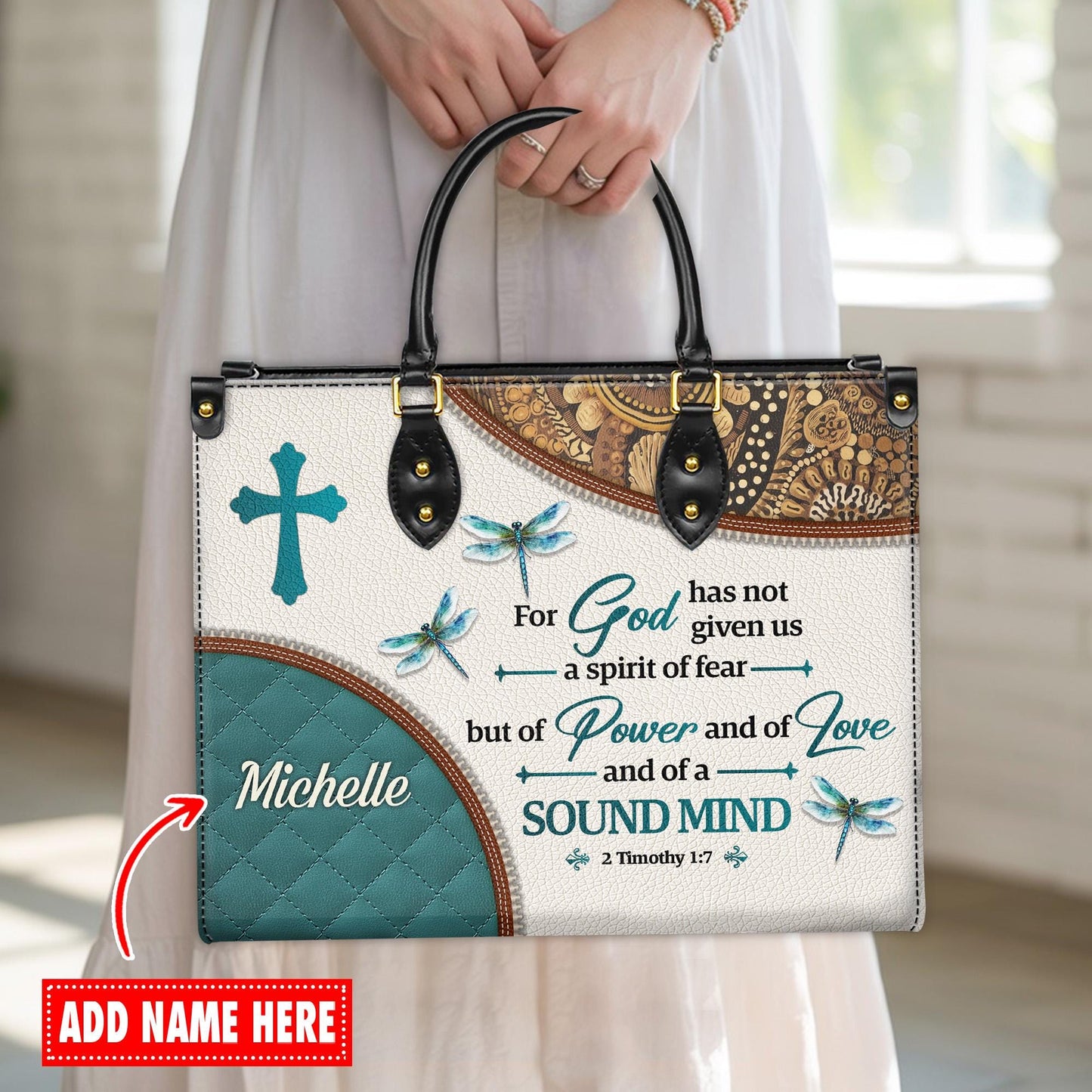 Personalized Leather Handbag Custom Name, Christian Gift, Gifts for Women, God Gave Us Power Bag, Dragonfly & Floral Design