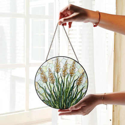 golden wheat field stained glass panel rustic suncatcher window art gift for nature lovers