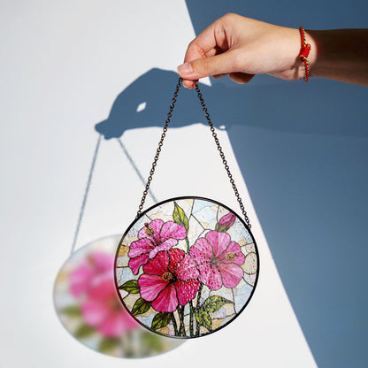 Pink hibiscus floral glass panel round stained suncatcher window decor gift for flower lover