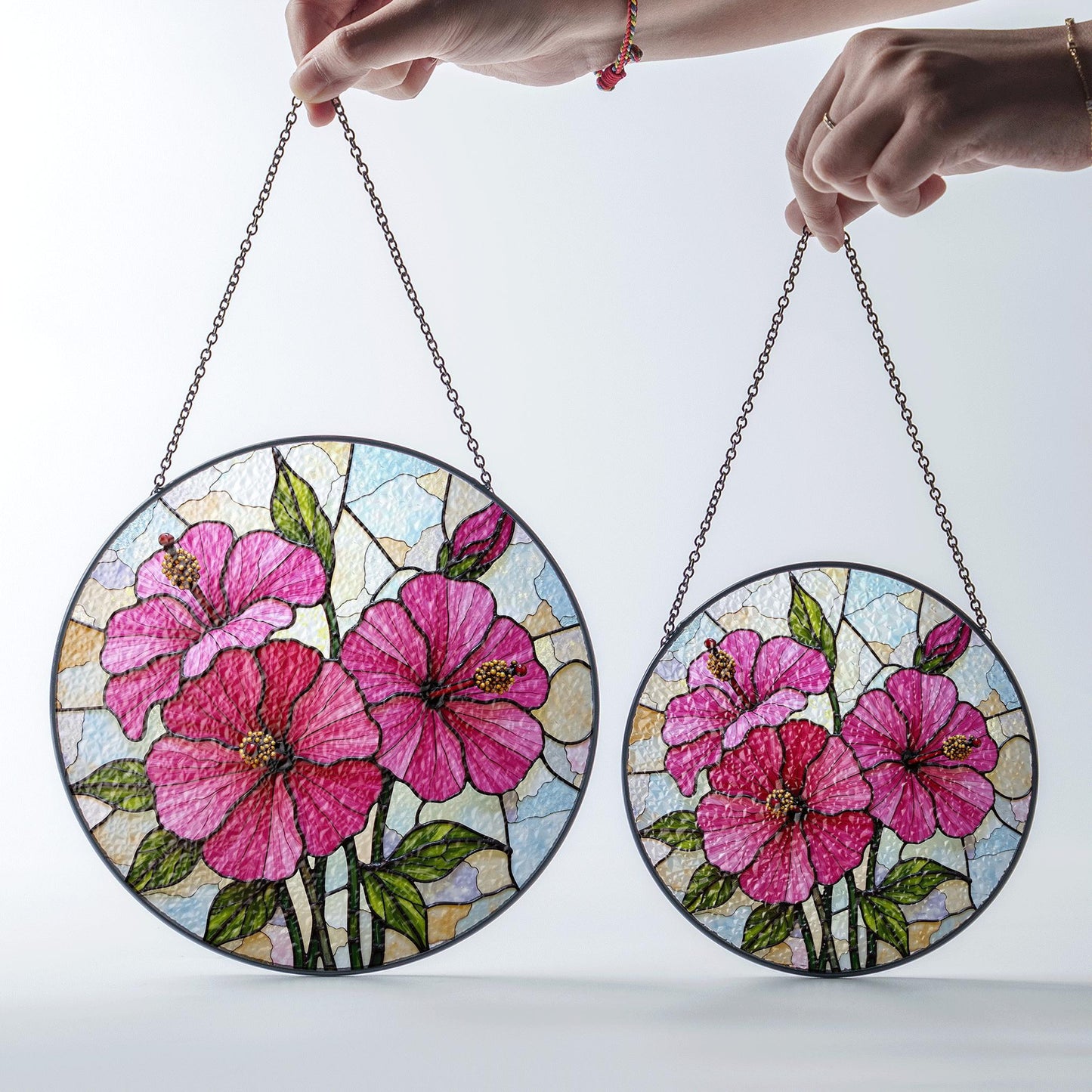 Pink hibiscus floral glass panel round stained suncatcher window decor gift for flower lover