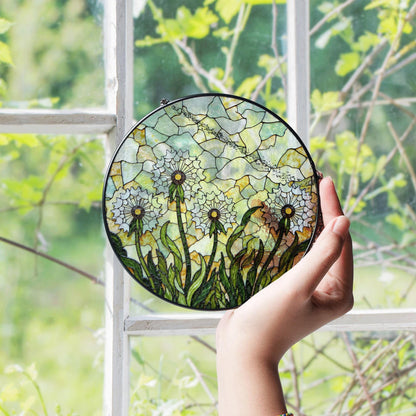 Stained Glass Dandelion Field Round Suncatcher Window Decor Gift for Garden Lover