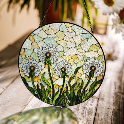 Stained Glass Dandelion Field Round Suncatcher Window Decor Gift for Garden Lover