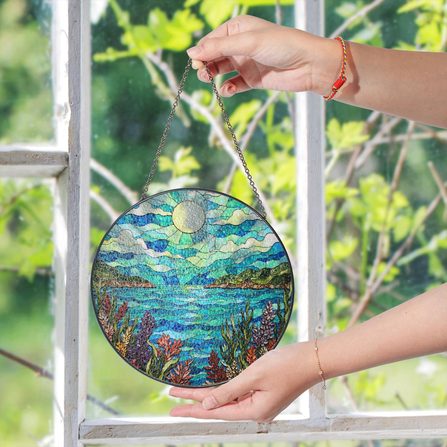 moonlit lake view stained glass window suncatcher mountain landscape art gift for mom
