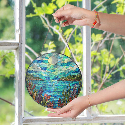 moonlit lake view stained glass window suncatcher mountain landscape art gift for mom