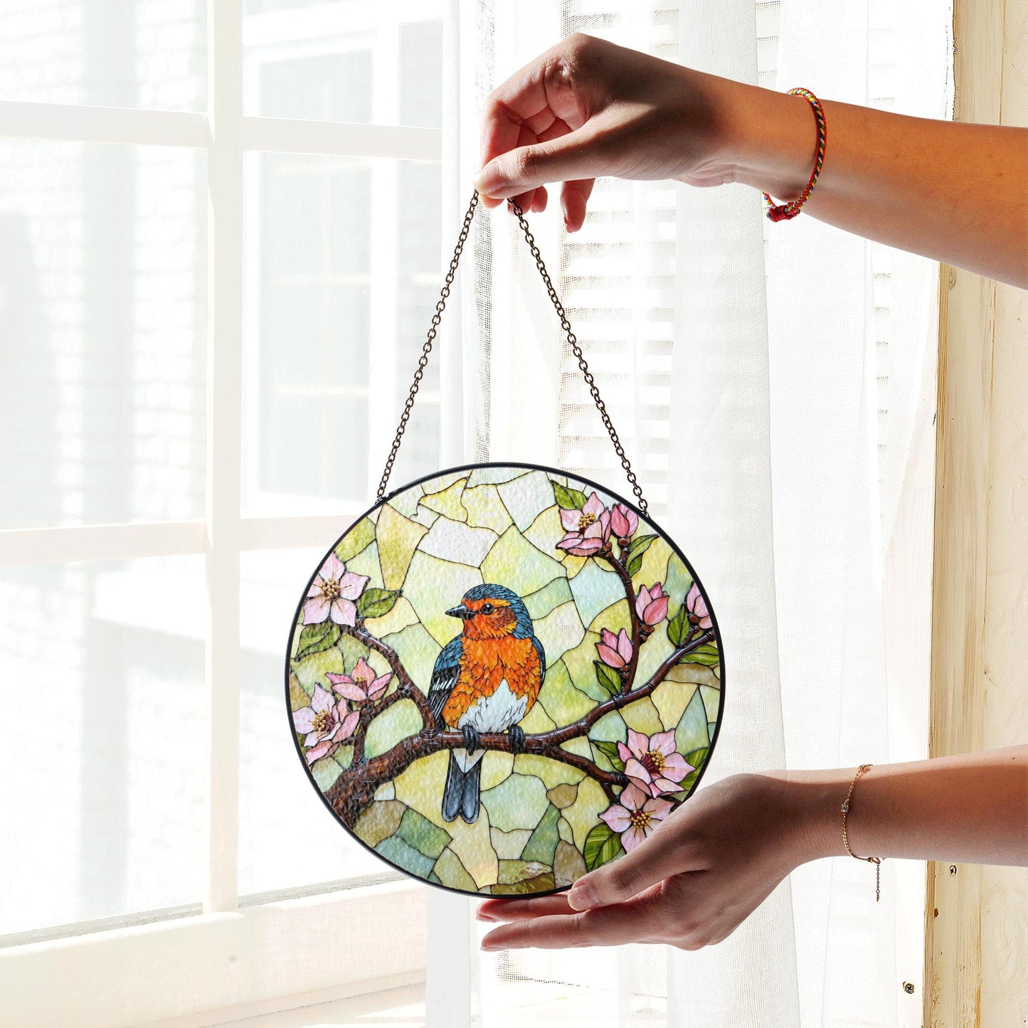 Bluebird on blooming branch round glass suncatcher nature window decor gift for mom