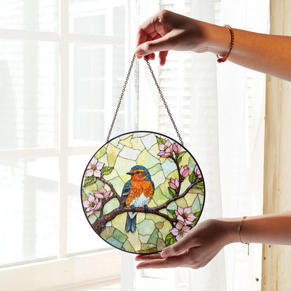 Bluebird on blooming branch round glass suncatcher nature window decor gift for mom