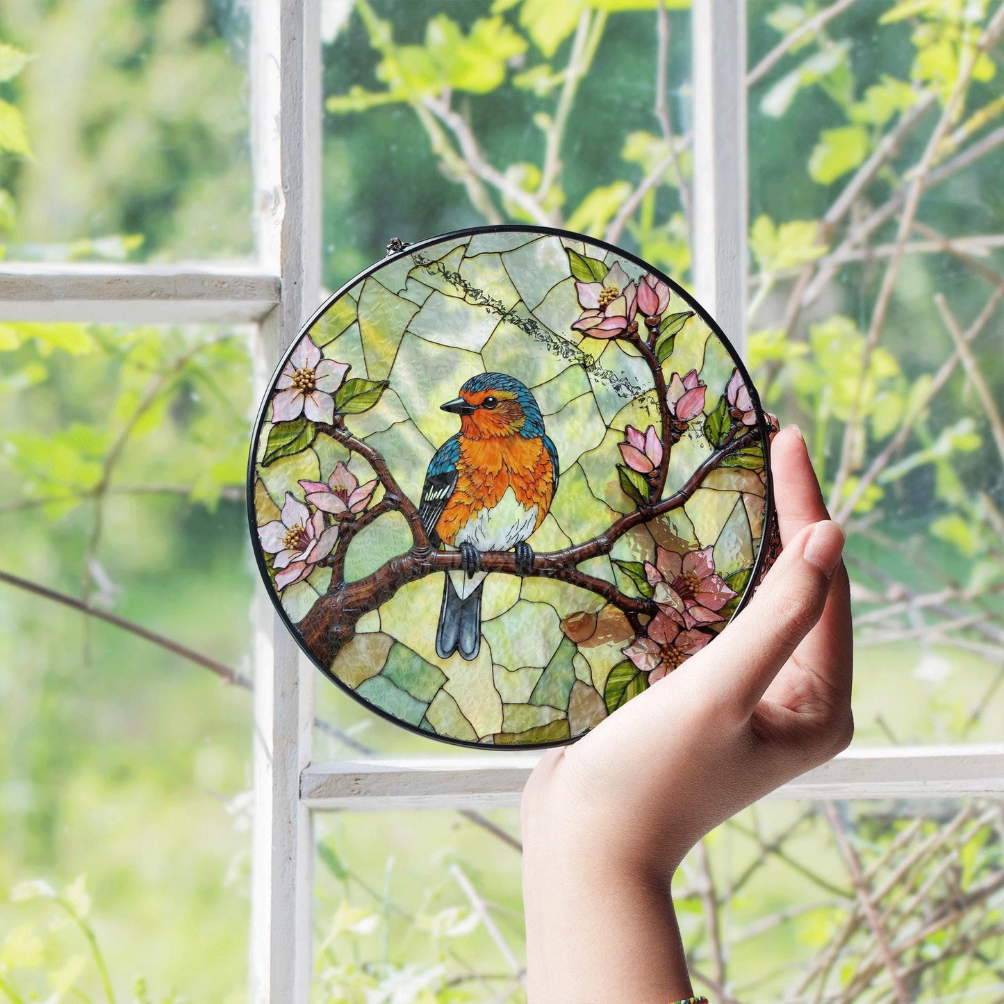 Bluebird on blooming branch round glass suncatcher nature window decor gift for mom