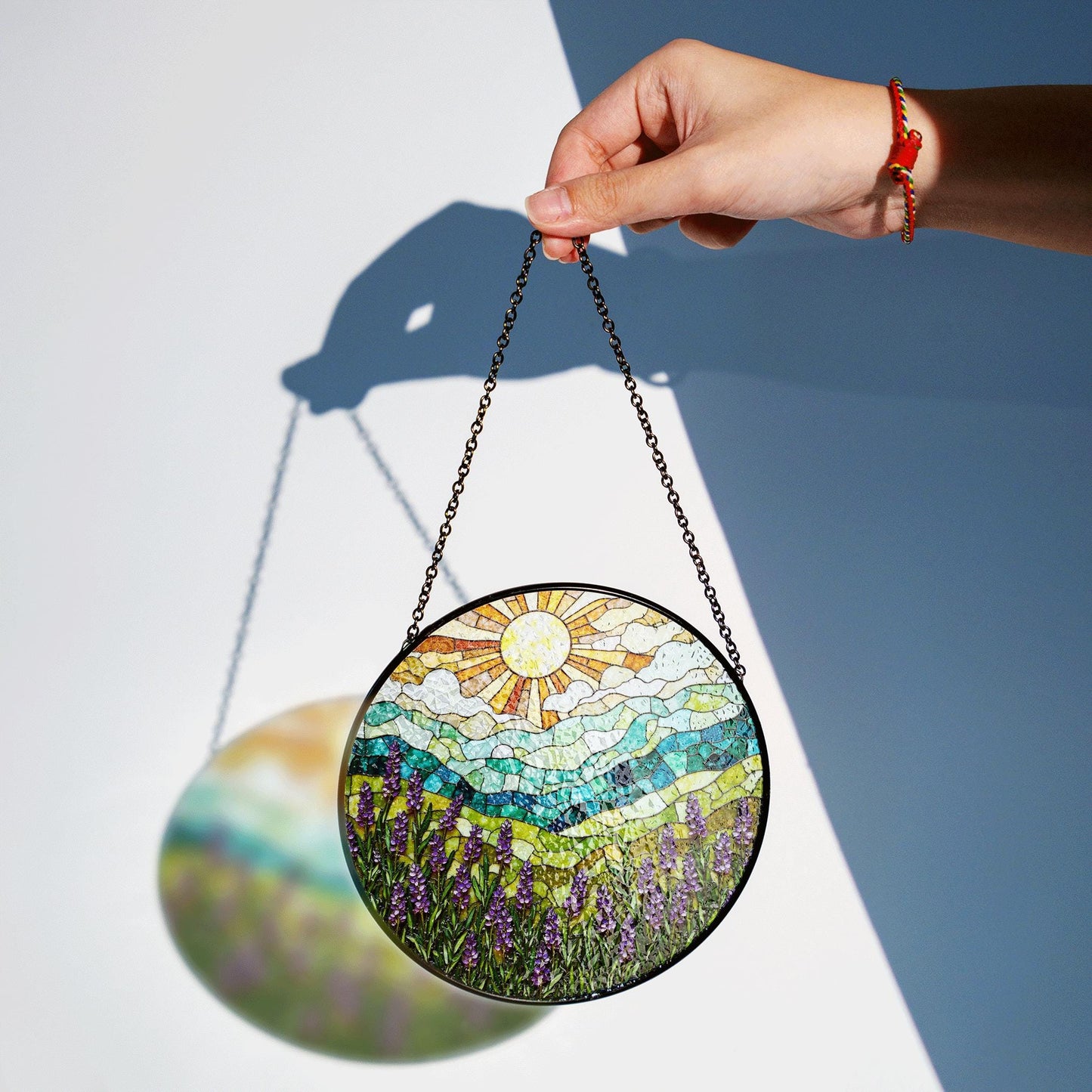 Lavender Field Mountain View Stained Glass Suncatcher Window Art Gift for Nature Lover