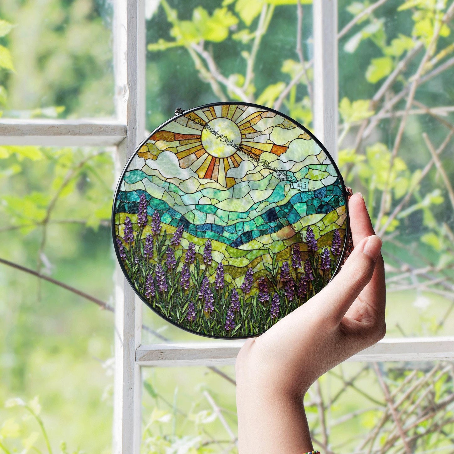 Lavender Field Mountain View Stained Glass Suncatcher Window Art Gift for Nature Lover