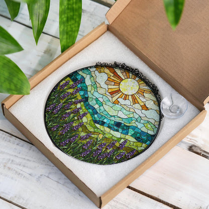 Lavender Field Mountain View Stained Glass Suncatcher Window Art Gift for Nature Lover