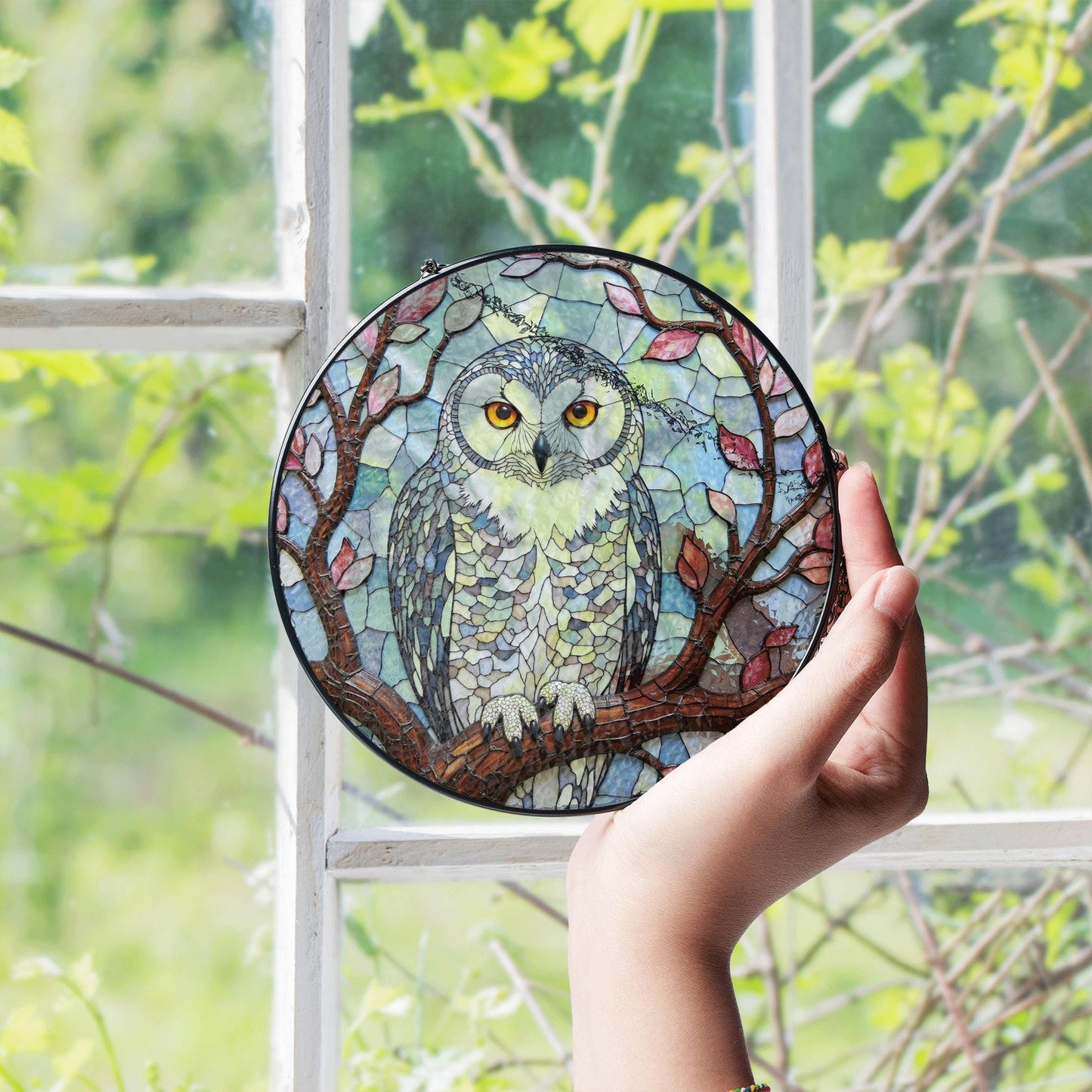 Stained Glass Owl Tree Branch Suncatcher Window Hanging Nature Decor Gift for Bird Lover