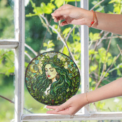 Green Leaf Goddess Suncatcher Stained Glass Forest Fairy Window Art Gift for Nature Lover Mom