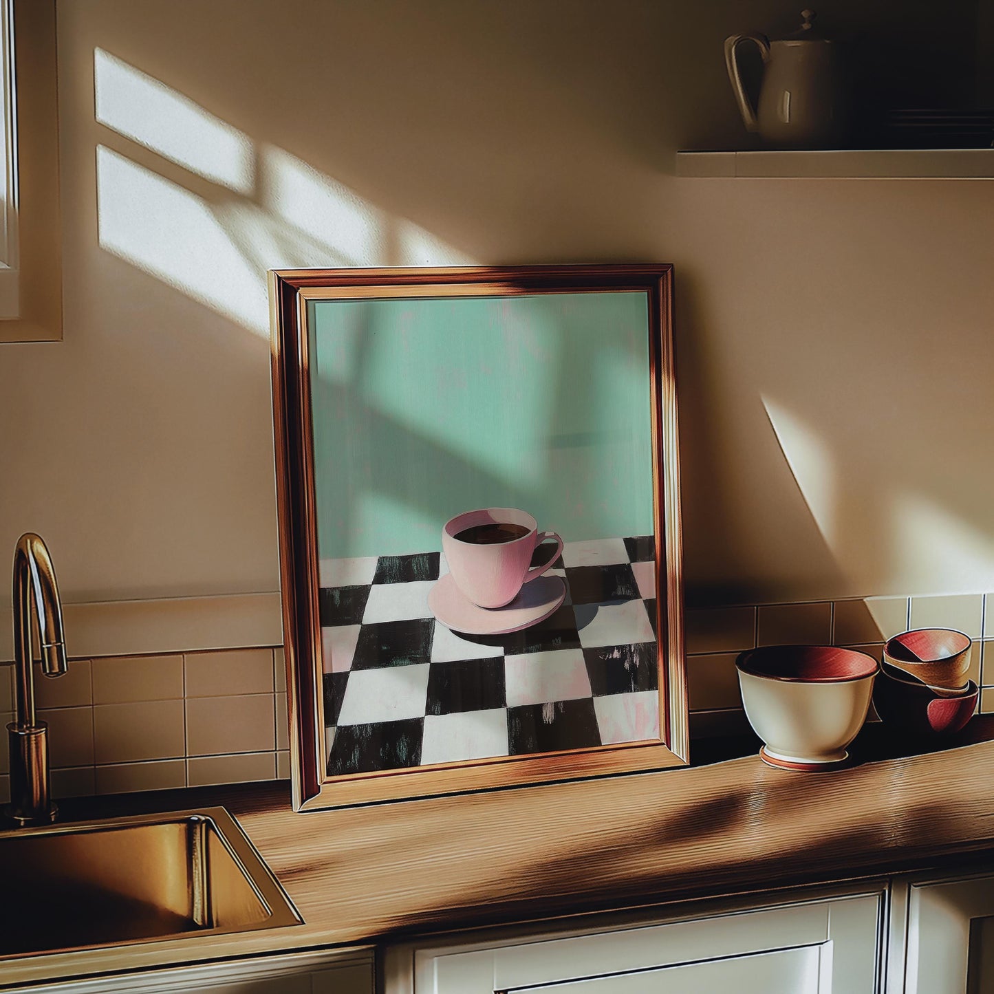 Retro Coffee Print: Checkerboard Table, Minimalist Kitchen Art