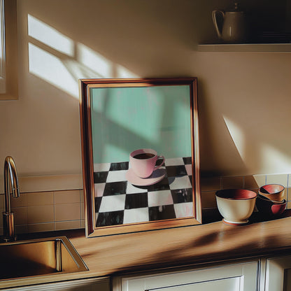 Retro Coffee Print: Checkerboard Table, Minimalist Kitchen Art