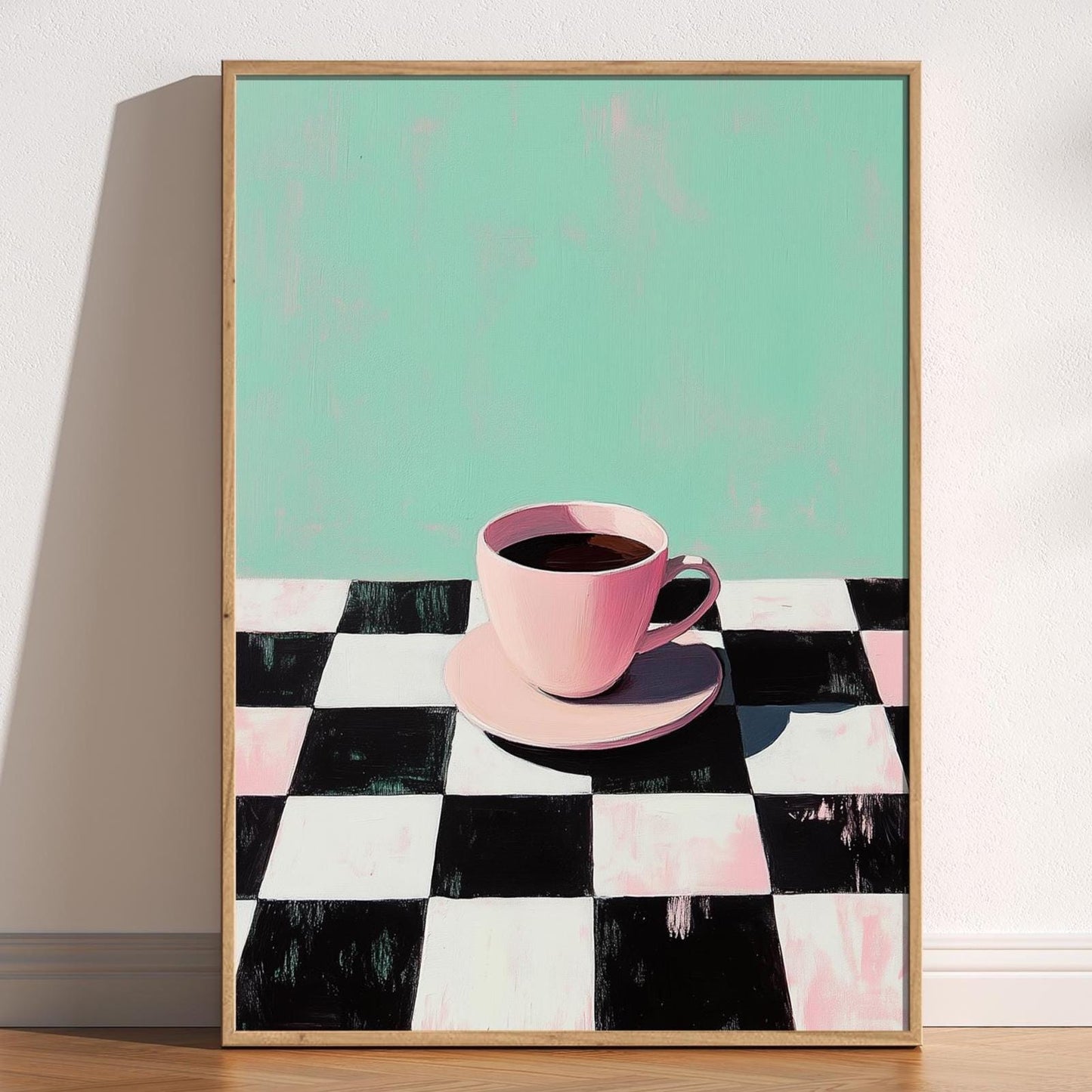 Retro Coffee Print: Checkerboard Table, Minimalist Kitchen Art