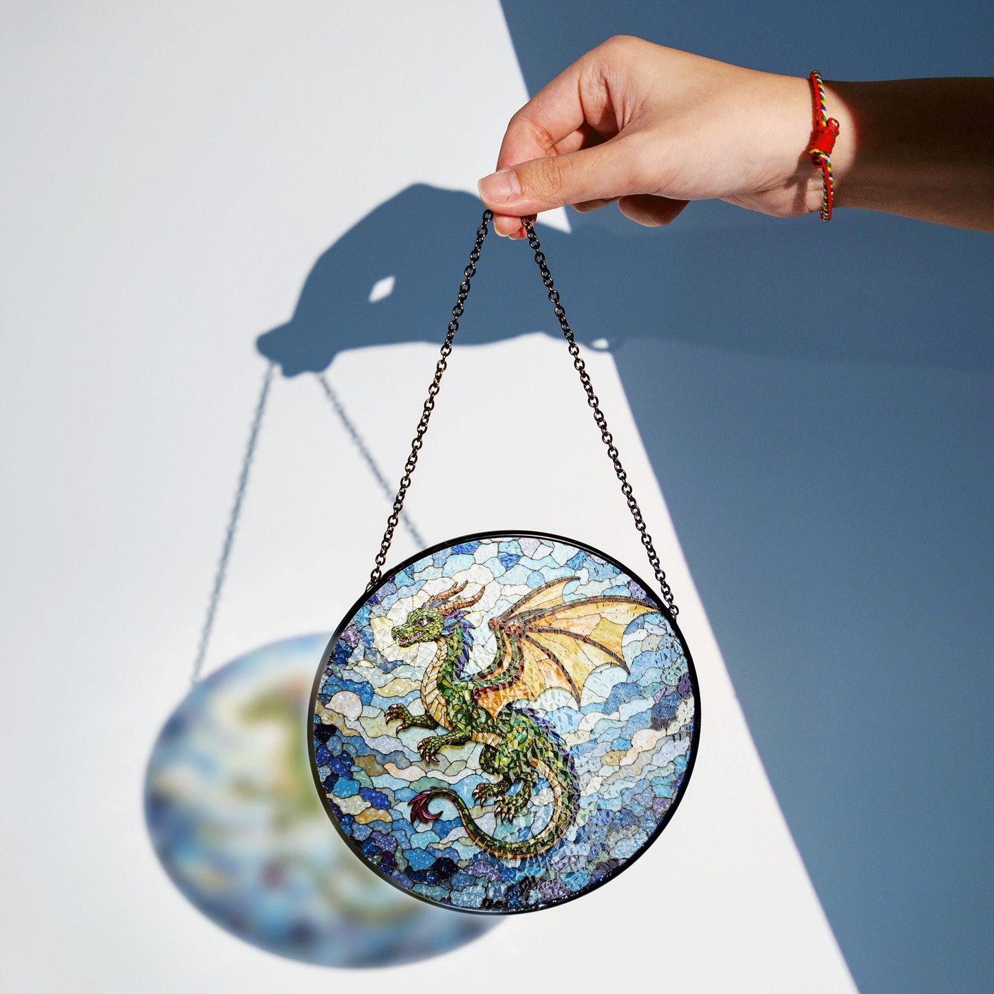 Emerald dragon in flight stained glass suncatcher fantasy window art gift for dragon fan