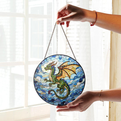 Emerald dragon in flight stained glass suncatcher fantasy window art gift for dragon fan