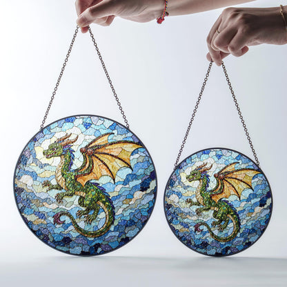 Emerald dragon in flight stained glass suncatcher fantasy window art gift for dragon fan