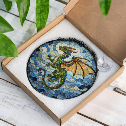 Emerald dragon in flight stained glass suncatcher fantasy window art gift for dragon fan