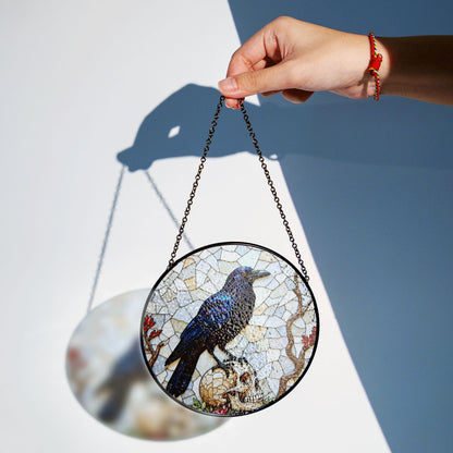 Raven on Skull Stained Glass Window Hanging Gothic Suncatcher Gift for Halloween Lover
