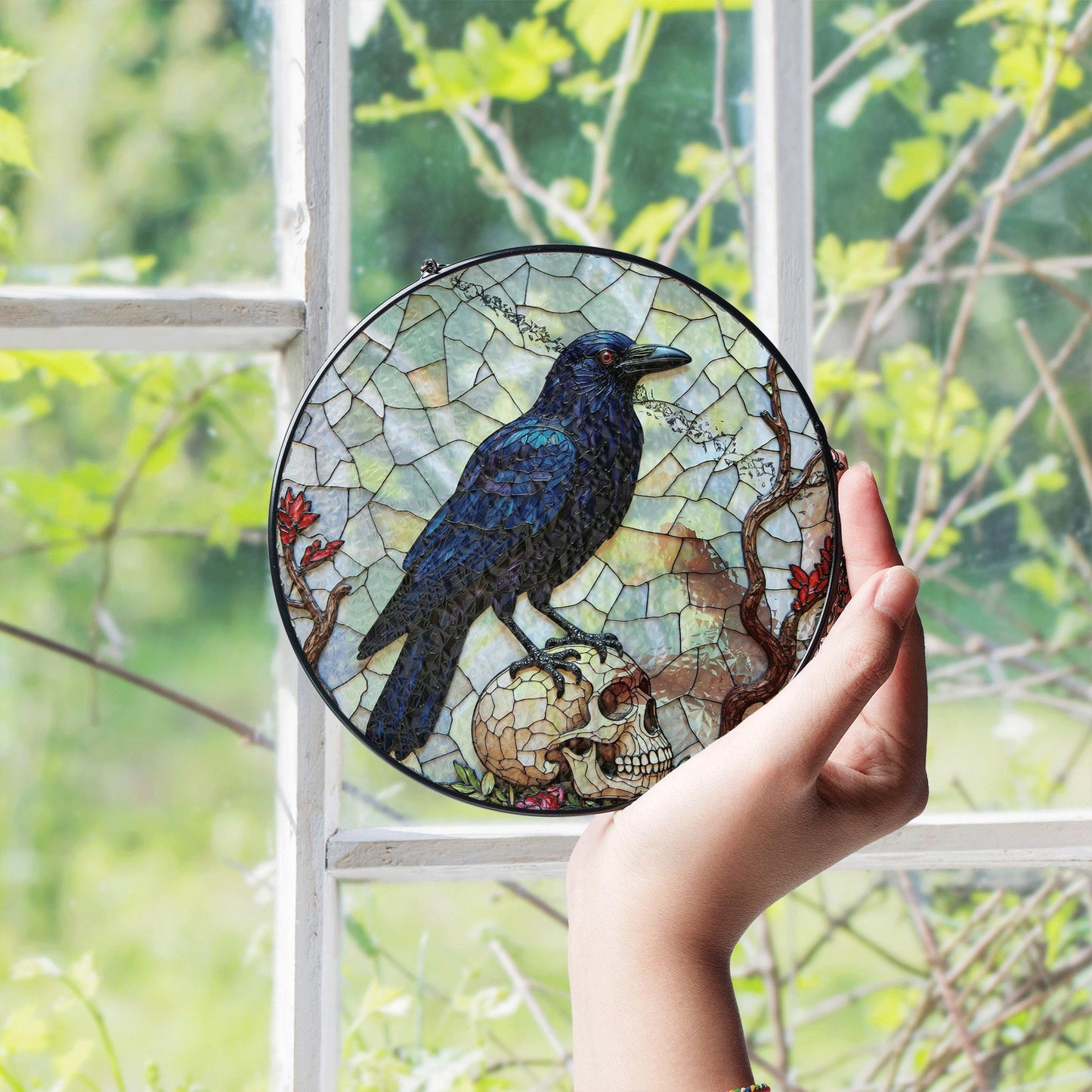Raven on Skull Stained Glass Window Hanging Gothic Suncatcher Gift for Halloween Lover
