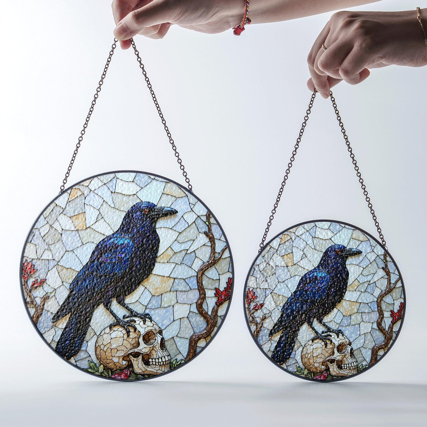 Raven on Skull Stained Glass Window Hanging Gothic Suncatcher Gift for Halloween Lover