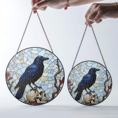 Raven on Skull Stained Glass Window Hanging Gothic Suncatcher Gift for Halloween Lover