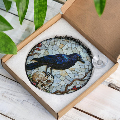 Raven on Skull Stained Glass Window Hanging Gothic Suncatcher Gift for Halloween Lover