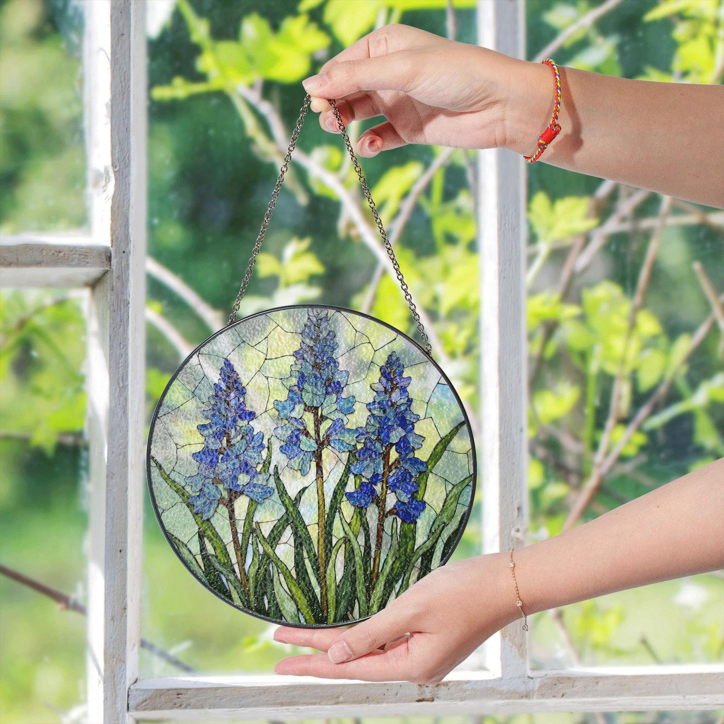 Bluebell Flower Field Round Glass Suncatcher Window Art Nature Decor Gift for Garden Lover