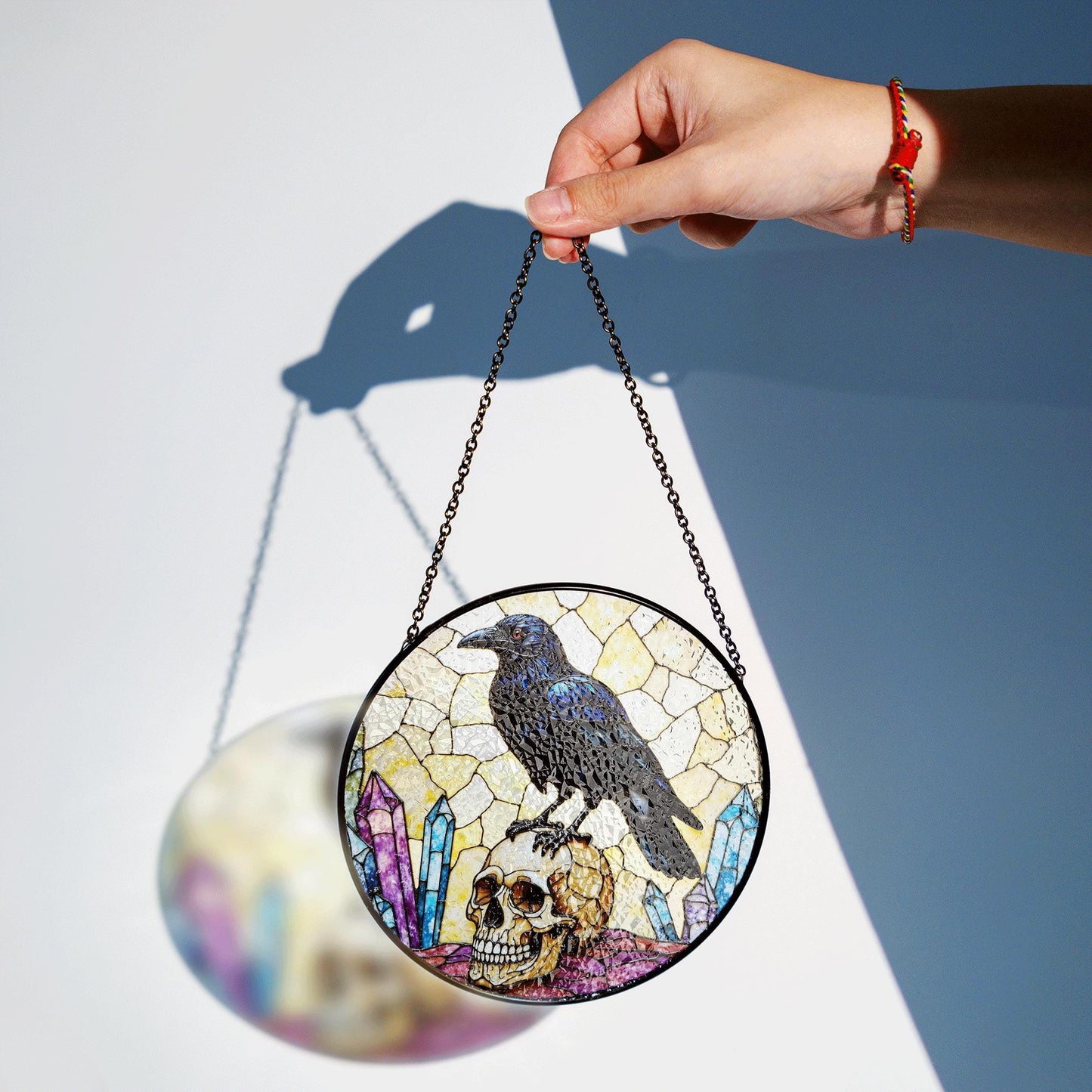 Raven on Skull Crystal Window Round Gothic Suncatcher Spiritual Decor Gift for Him