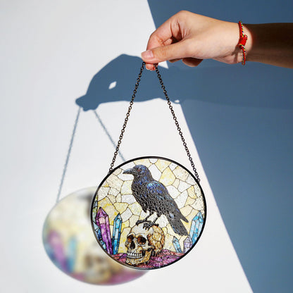 Raven on Skull Crystal Window Round Gothic Suncatcher Spiritual Decor Gift for Him