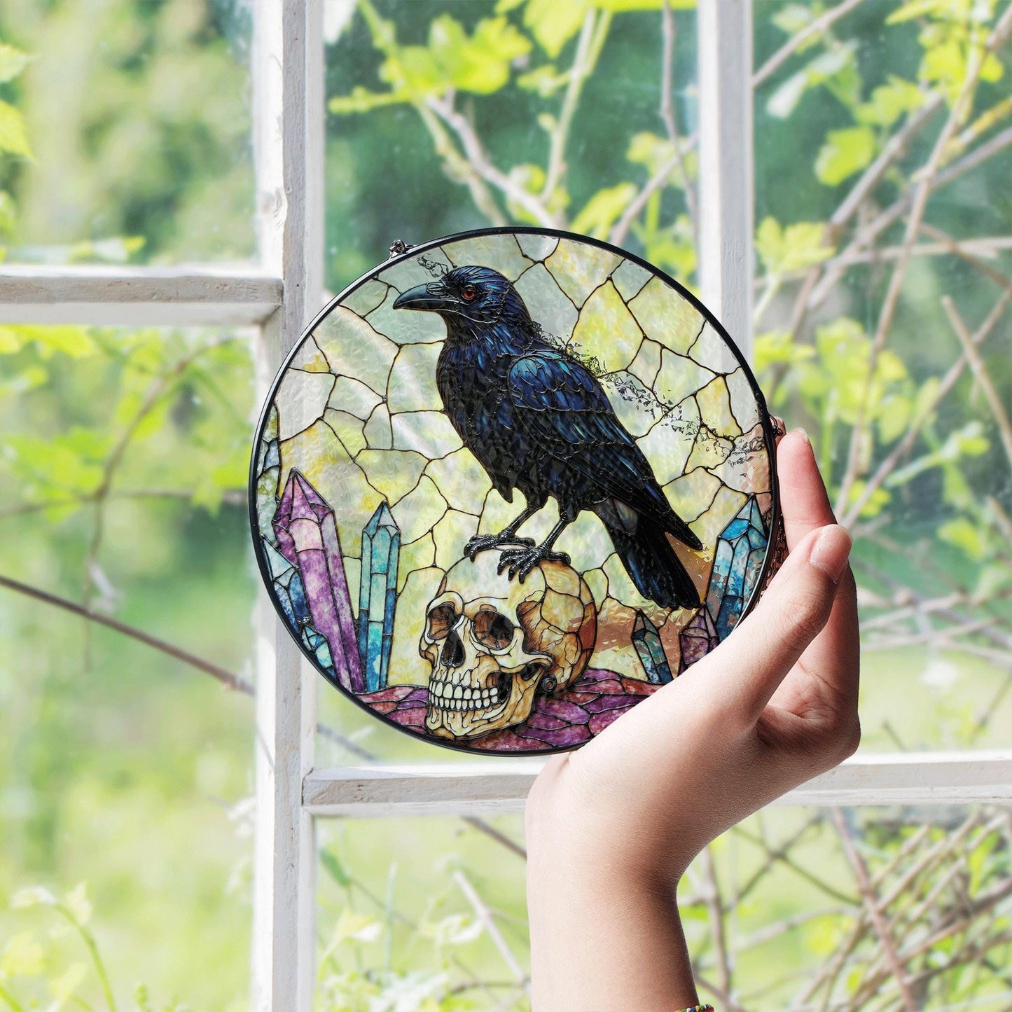 Raven on Skull Crystal Window Round Gothic Suncatcher Spiritual Decor Gift for Him