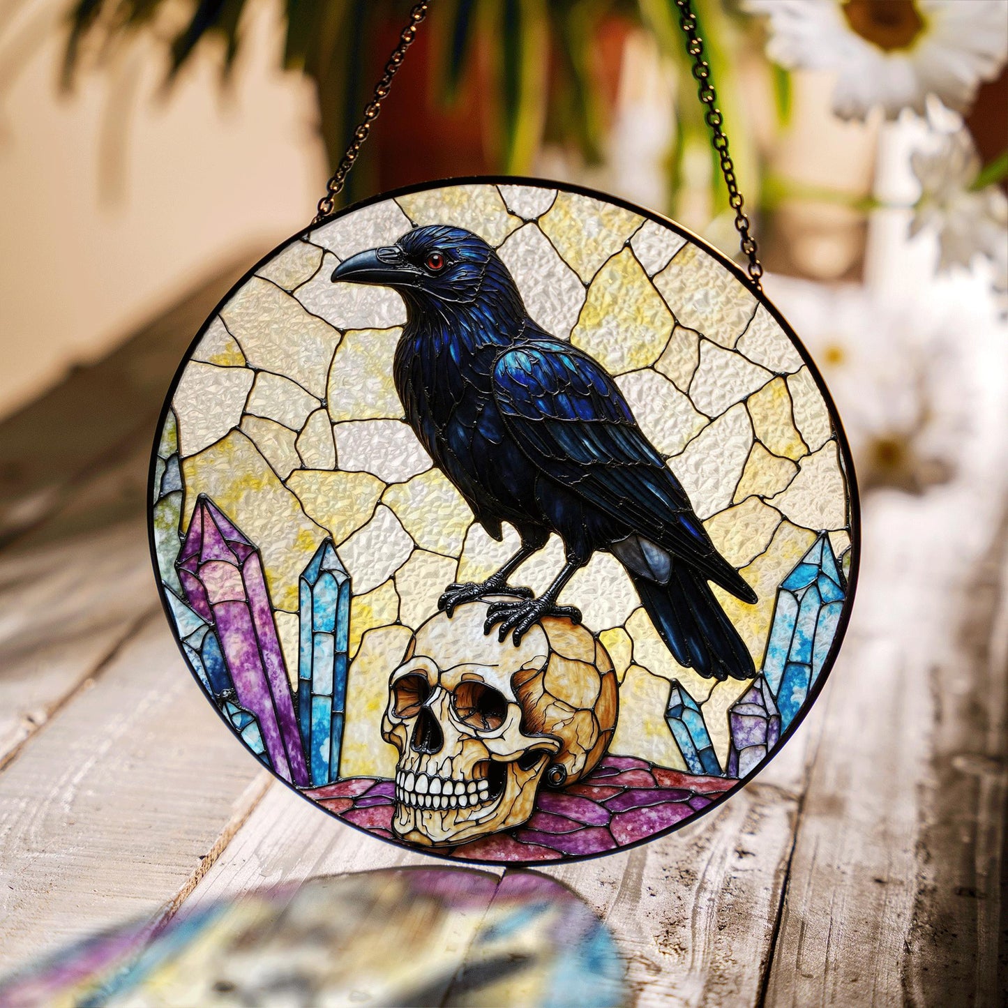 Raven on Skull Crystal Window Round Gothic Suncatcher Spiritual Decor Gift for Him