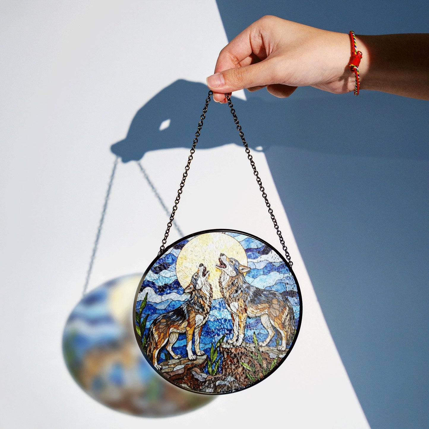 Howling wolves under full moon stained glass suncatcher nature window art gift for wildlife lovers