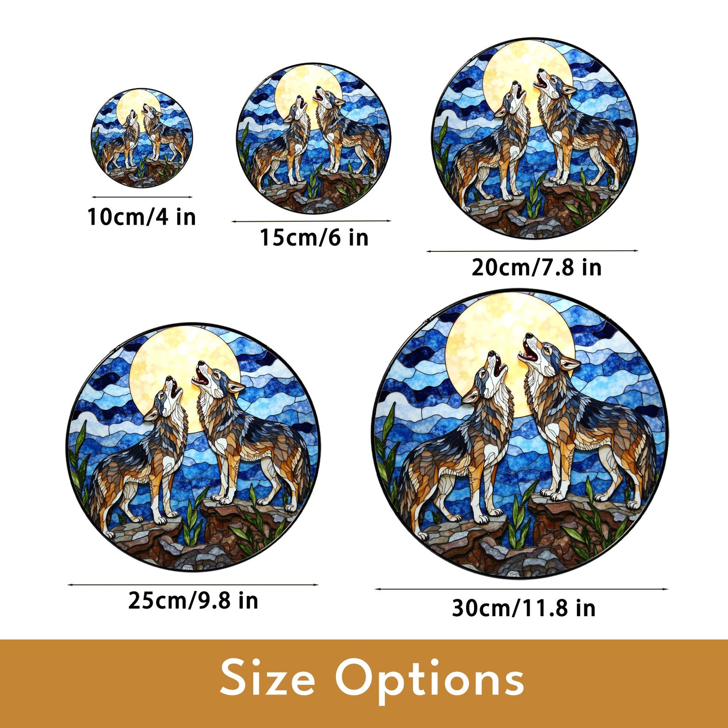 Howling wolves under full moon stained glass suncatcher nature window art gift for wildlife lovers