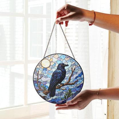 raven on branch in mosaic forest stained glass suncatcher gift for nature lovers