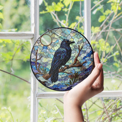 raven on branch in mosaic forest stained glass suncatcher gift for nature lovers