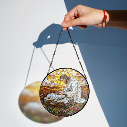 Jesus Praying Stained Glass Round Suncatcher Window Decor Gift for Christian Friend
