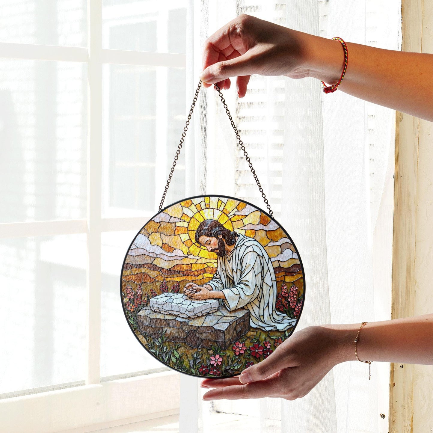 Jesus Praying Stained Glass Round Suncatcher Window Decor Gift for Christian Friend