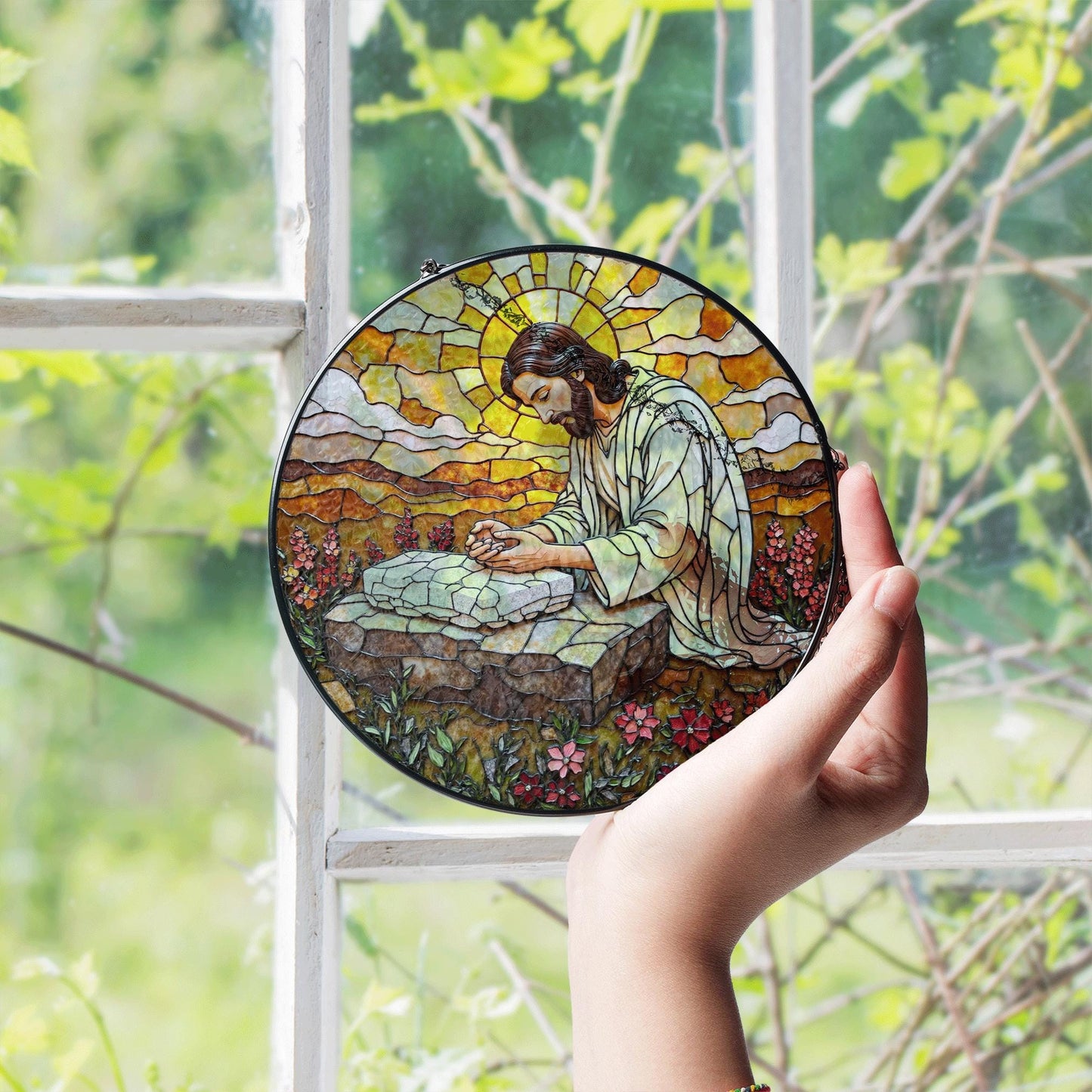 Jesus Praying Stained Glass Round Suncatcher Window Decor Gift for Christian Friend