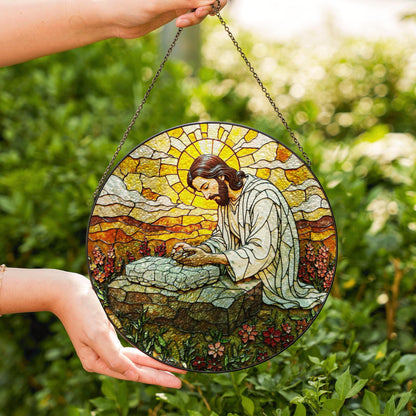 Jesus Praying Stained Glass Round Suncatcher Window Decor Gift for Christian Friend